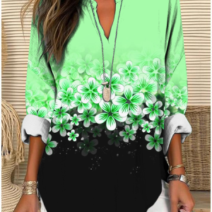 Shawl Collar Half Sleeve Floral Regular Loose Blouse For Women, Blouses, color:Green|size:4XL, catalog Noracora shop
