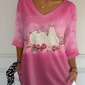 Women Halloween Pumpkin Pink Floral Three Quarter Sleeve Tee T-shirt V Neck Printing Festival Spring/Fall Graphic Tee Top, JustFashionNow T-Shirts, color:Pink|size:5XL,