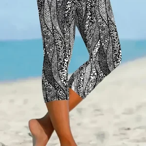 Women Abstract Capris Elastic Waist Pants Casual Summer Trousers, JustFashionNow Leggings, color:Black|size:XXL,