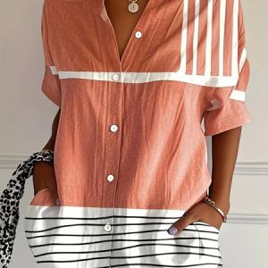 Women Striped Short Sleeve Shirt Summer Printing Shirt Collar Daily Casual Top, JustFashionNow Shirts, color:Orange|size:5XL,