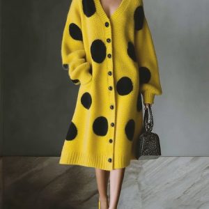 Urban Polka Dots Buttoned V Neck Sweater Midi Dress, Midi Dresses, color:Yellow|size:XXL, Stylewe