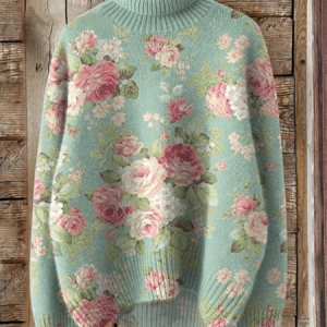 Women Floral Printing Spring/Fall Vintage Long Sleeve Turtleneck Sweater, JustFashionNow Sweaters, color:Green|size:4XL,