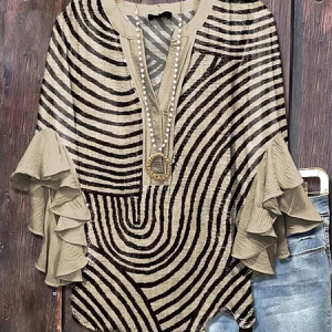 Women Abstract Stripes Half Sleeve Shirt Summer Printing V Neck Daily Casual Top, JustFashionNow Shirts, color:Khaki|size:5XL,