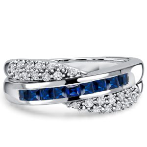 anniversary band - Italo Micro Pave Asscher Cut Blue Sapphire Criss-Cross Wedding Band For Women, Italo jewelry - Online Catalog