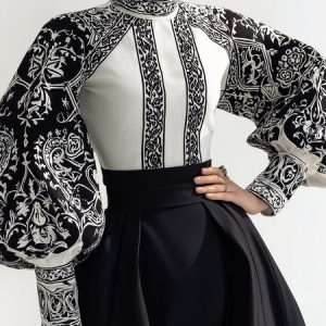 Urban Random Print Printing Turtleneck Balloon Sleeve Blouse, Blouses and Shirts, color:Black-white|size:XXL, Stylewe