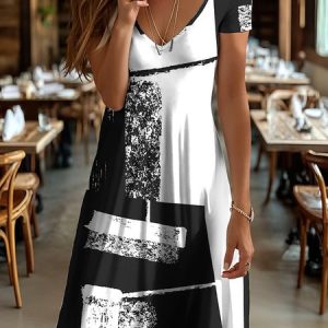 Women Geometric Summer Dress V Neck Short Sleeve A-Line Dress, Dresses, color:White|size:4XL, catalog Noracora shop