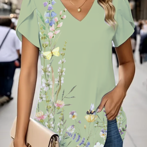 Women Floral Short Sleeve Tee T-shirt V Neck Casual Summer Graphic Tee Top, JustFashionNow T-Shirts, color:Green|size:4XL,