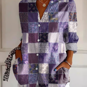 Shirt Collar Regular Sleeve Long Sleeve Floral Buckle Regular Loose Button Up Shirt Shirt For Women, Shirts, color:Purple|size:5XL, catalog Noracora shop