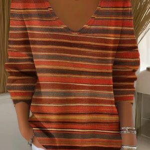 Vintage Striped V Neck Three Quarter Sleeve T-shirt, Sweaters, color:Color3|size:5XL, catalog Noracora shop
