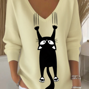 Casual Cute Cat Print V Neck Long Sleeve T-shirt, Sweaters, color:Apricot|size:XXL, catalog Noracora shop