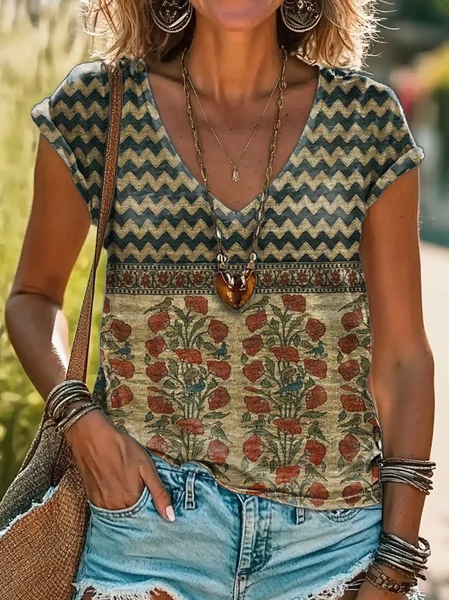 Women Floral Short Sleeve Tee T-shirt V Neck Printing Casual Summer Graphic Tee Top, JustFashionNow T-Shirts, color:As Picture|size:4XL - Image 2