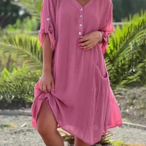 Women Plain Spring/Fall Dress V Neck Long Sleeve A-Line Dress, Midi, color:Pink|size:3XL, catalog Noracora shop
