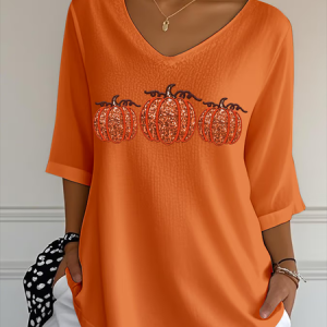 Casual Halloween (pumpkin) V Neck Three Quarter Sleeve T-shirt, T-shirts, color:Orange|size:5XL, catalog Noracora shop