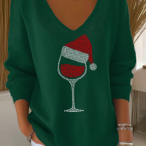 Women Christmas Long Sleeve Tee T-shirt V Neck Printing Casual Spring/Fall Top, JustFashionNow T-Shirts, color:Green|size:4XL,