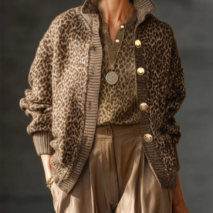 Plus Size Urban Leopard Buttoned Mock Neck Cardigan, Plus Outerwear, color:Brown|size:4X, Stylewe