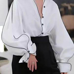 Plus Size Casual Loose Stand Collar Color Block Shirt, Plus Tops, color:White|size:4X, Stylewe