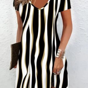 Women Striped Short Sleeve Summer Printing Dress V Neck Daily Casual Midi Fit & Flare Dress A-Line Dress, JustFashionNow Casual Dresses, color:Black|size:5XL,