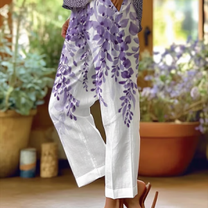 Women Floral Long Pants Casual Spring/Fall Trousers, JustFashionNow Pants, color:White|size:5XL,