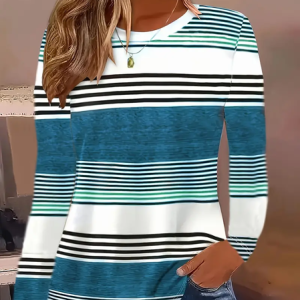 Women Striped Long Sleeve Tee T-shirt Crew Neck Printing Casual Spring/Fall Graphic Tee Top, JustFashionNow T-Shirts, color:Cyan|size:XXL,