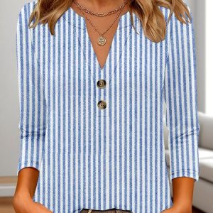 Casual Floral V Neck Three Quarter Sleeve T-shirt, T-shirts, color:Light Blue|size:4XL, catalog Noracora shop