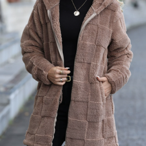 Women Spring/Fall Outerwear Casual Plain Teddy Fleece Hoodie Jacket, Outerwear, color:Khaki|size:XXL, catalog Noracora shop