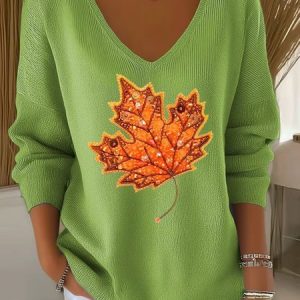 Women Maple Leaf Retro Ethnic Print Long Sleeve Comfy Casual Sweater, Blouses, color:Green|size:4XL, catalog Noracora shop
