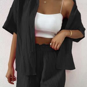 Women Plain Adjustable Strap Two-Piece Set Daily Half Sleeve Casual Summer Top With Pants Matching Set, JustFashionNow Suit Set, color:Black|size:XXL,