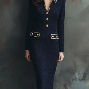 Elegant Plain Tweed Binding V Neck Midi Dress, Midi Dresses, color:Navy Blue|size:XXL, Stylewe