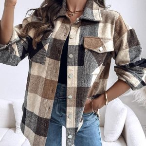 Vintage Plaid Print Turn-down Collar Button Front Jacket Casual Flap Pockets Design Loose Brushed Shirt Coat, women Jackets & Coats, ChicMe catalog