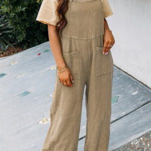 Women Plain Spaghetti Sleeveless Casual Summer Jumpsuit, JustFashionNow Jumpsuits＆Rompers, color:Khaki|size:3XL,