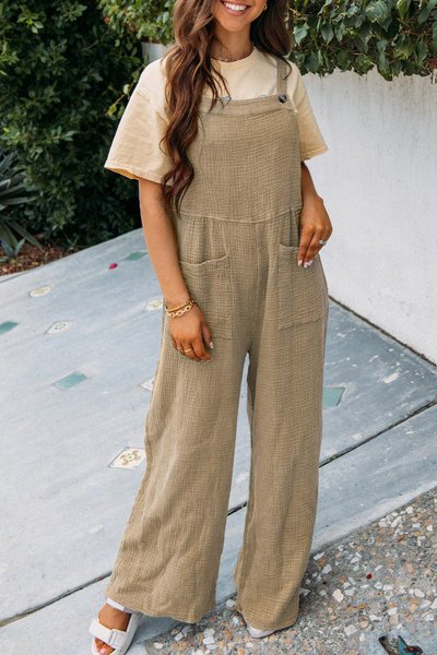 Women Plain Spaghetti Sleeveless Casual Summer Jumpsuit, JustFashionNow Jumpsuits&Rompers, color:Khaki|size:3XL,