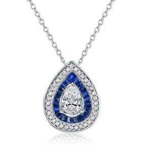 necklaces - Italo Double Halo Pear Cut Blue & White Sapphire Pendant Necklace, Italo jewelry - Online Catalog