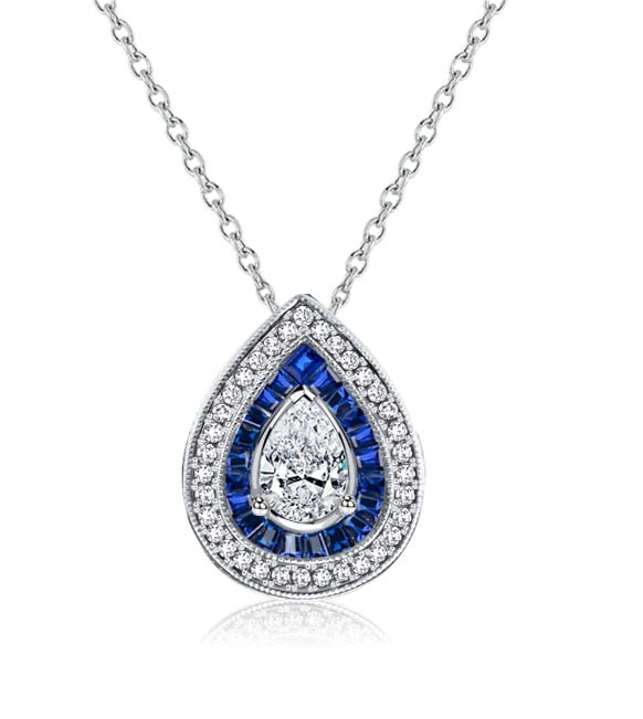 necklaces - Italo Double Halo Pear Cut Blue & White Sapphire Pendant Necklace, Italo jewelry - Online Catalog