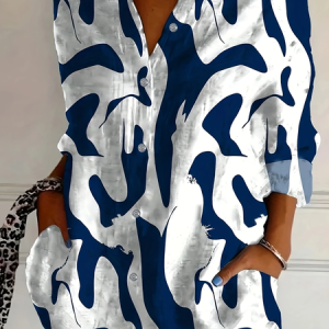 Women Abstract Long Sleeve Shirt Spring/Fall Buckle Shirt Collar Daily Casual Top, JustFashionNow Shirts, color:White|size:5XL,