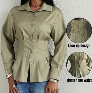Turn-down Collar Long Sleeve Button Front Blouse Casual Back Criss Cross Tied Detail Fishtail Shirt, women Blouses & Shirts, ChicMe catalog