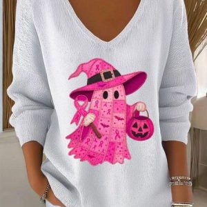 Halloween Cute Ghost Pattern Women Cotton Long Sleeve Comfy Casual Sweater, T-shirts, color:White|size:4XL, catalog Noracora shop