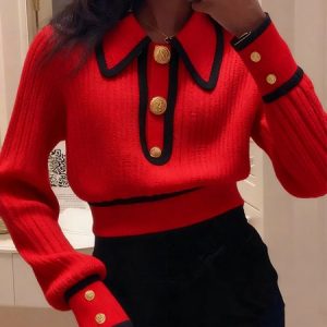 Elegant Color Block Buttoned Shawl Collar Sweater, Pullovers, color:Red|size:XXL, Stylewe