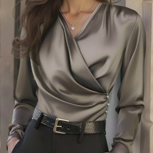 Satin Urban Plain Buttoned Blouse, Blouses and Shirts, color:Gray|size:XXL, Stylewe