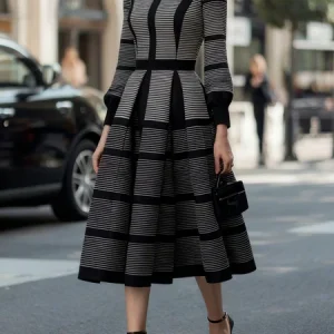 Elegant Geometric Crew Neck Midi Dress, Midi Dresses, color:Gray|size:XXL, Stylewe