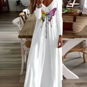 Women Butterfly Long Sleeve Spring/Fall Printing Dress V Neck Daily Casual Maxi H-Line Dress, JustFashionNow Casual Dresses, color:White|size:5XL,