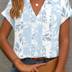 Women Floral Short Sleeve Shirt Summer Printing V Neck Daily Casual Top, JustFashionNow Shirts, color:Blue|size:4XL,