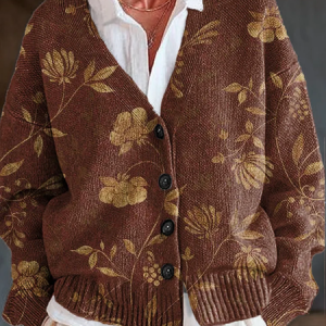 Women Floral Printing Long Sleeve V Neck Casual Spring/Fall Cardigan Outerwear, JustFashionNow Cardigans, color:Brown|size:5XL,