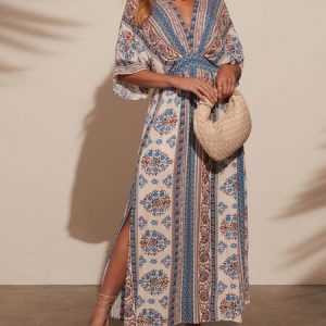 Women Floral Short Sleeve Summer Printing Dress V Neck Daily Vintage Maxi Tank A-Line Dress, JustFashionNow Dresses, color:Deep Blue|size:XL,