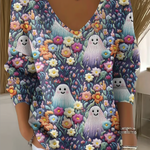 Women Cotton Floral Long Sleeve Comfy Casual Sweater, Sweaters, color:Blue|size:4XL, catalog Noracora shop