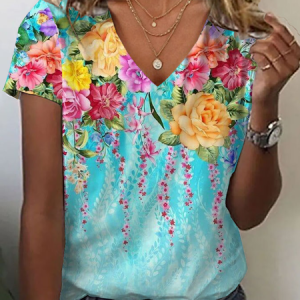 Women Floral Short Sleeve Tee T-shirt V Neck Printing Casual Summer Graphic Tee Top, JustFashionNow T-Shirts, color:Blue|size:XXL