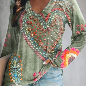 Women Floral Long Sleeve Blouse Spring/Fall Printing V Neck Daily Casual Top, JustFashionNow T-Shirts, color:Green|size:5XL