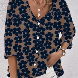 Women Floral Three Quarter Sleeve Blouse Spring/Fall Printing V Neck Daily Vintage Top, JustFashionNow Shirts, color:Purplish Blue|size:3XL,