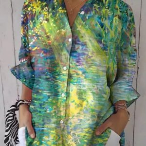 Women's Casual Retro Forest Oil Painting Print Shirt, Shirts, color:Green|size:4XL, catalog Noracora shop