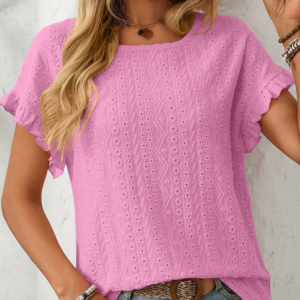Women Geometric Short Sleeve Tee T-shirt Crew Neck Jacquard Casual Summer Top, JustFashionNow T-Shirts, color:Light Pink|size:XXL