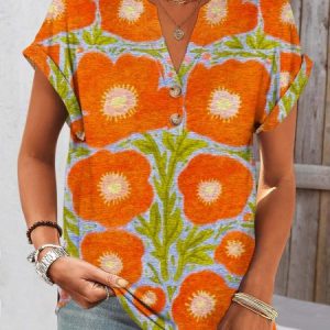 Casual Floral Art Painting V Neck Short Sleeve Comfy Cotton T-shirt, T-shirts, color:Orange|size:4XL, catalog Noracora shop